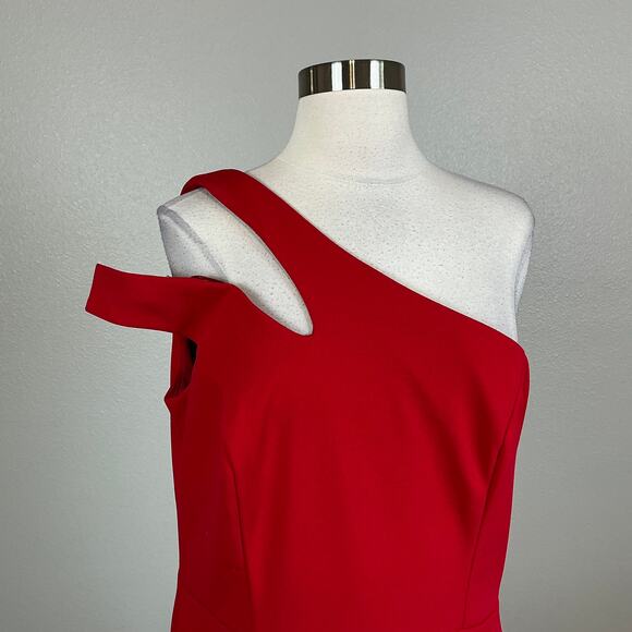Red One Shoulder Evening Gown Size 14P XSCAPE Cut Out Thigh Slit Formal Dress - Picture 7 of 14